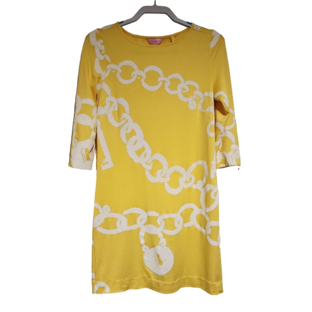 Lilly Pulitzer Jonah Shift Dress Yellow White Jersey 3/4 Sleeve Chains Size S